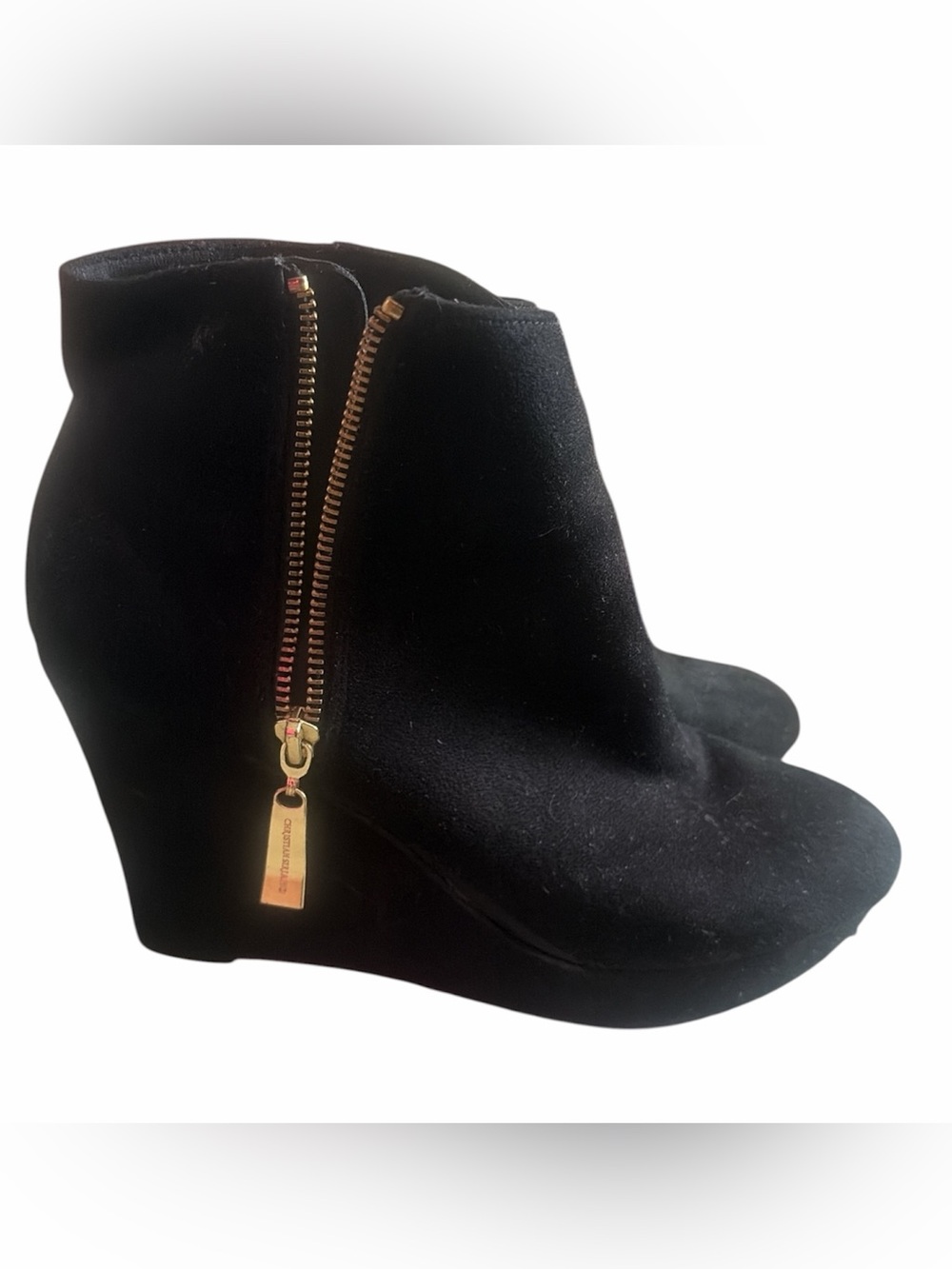 Christian Siriano Black Suede Wedge Ankle Boot with Gold Zip Pull